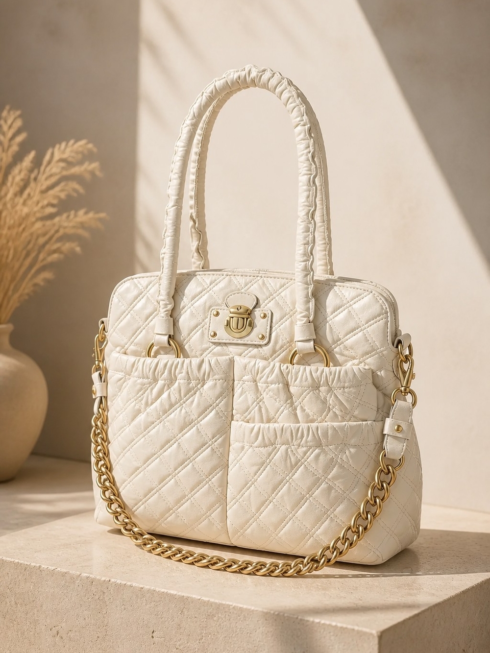 Marc Jacobs Cream Quilted Shoulder Bag with Gold Chain